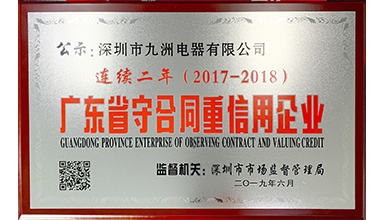 深圳九洲電器連續兩年榮獲 “廣東省守合同重信用”榮譽稱號